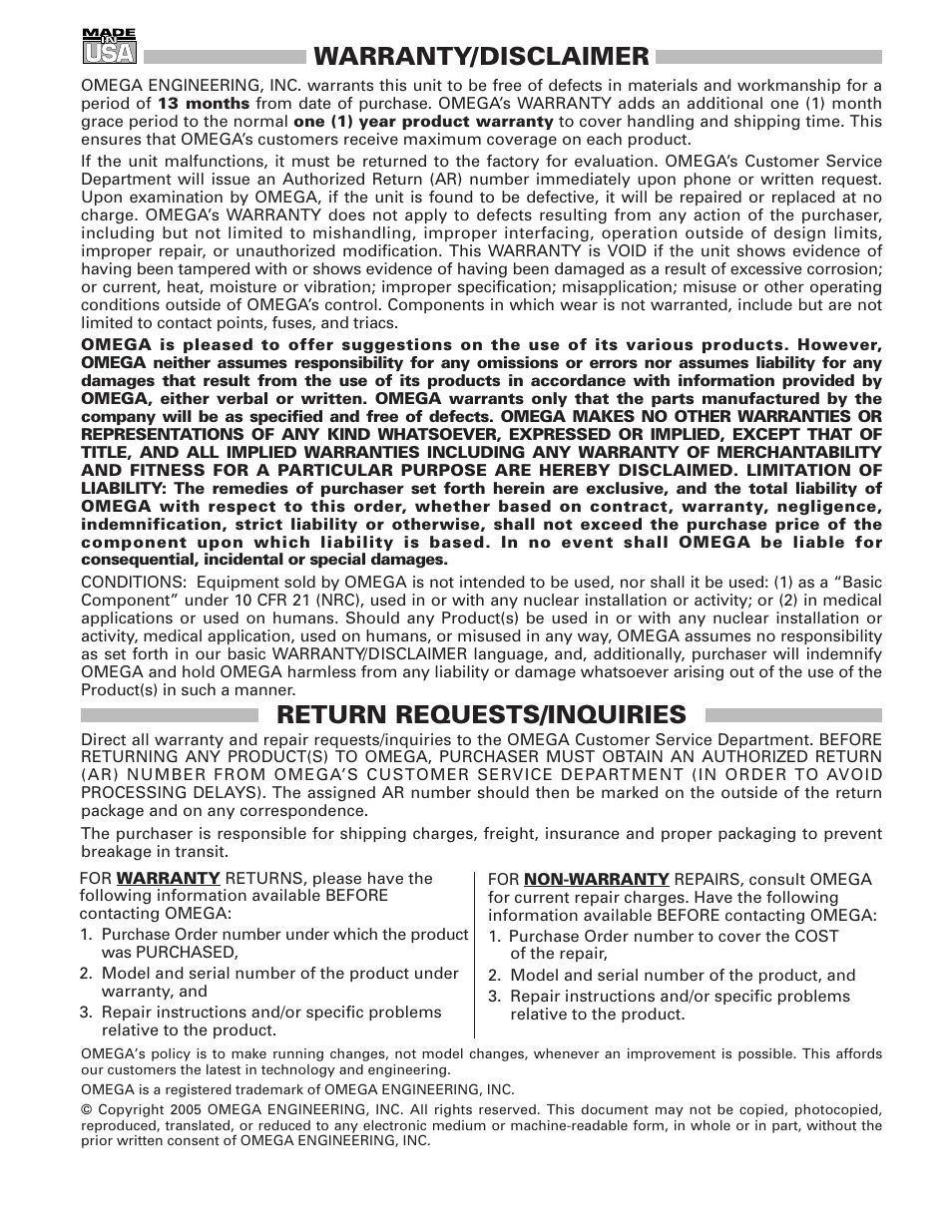 Warranty/disclaimer, Return requests/inquiries | Omega Speaker Systems LVU-260 User Manual | Page 15 / 16