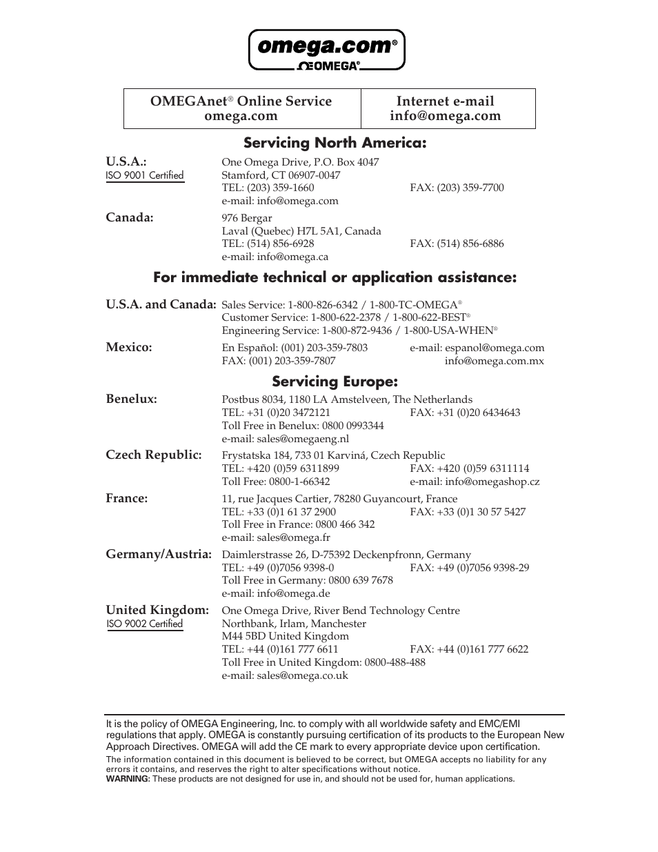 Servicing north america, For immediate technical or application assistance, Servicing europe | Omeganet | Omega Speaker Systems LVU-260 User Manual | Page 2 / 16