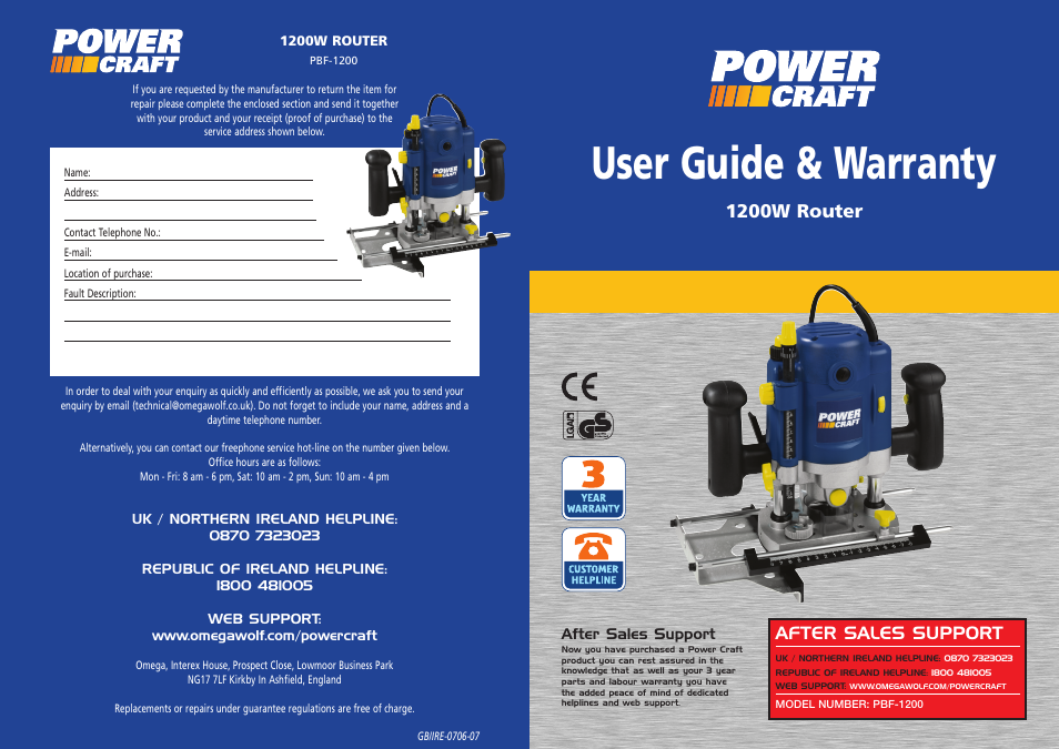 Omega Speaker Systems Power Craft 1200W Router User Manual | 10 pages