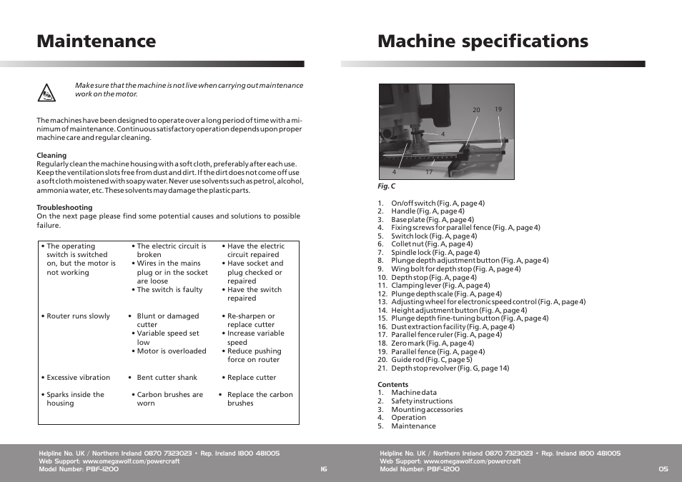 Machine specifications, Maintenance | Omega Speaker Systems Power Craft 1200W Router User Manual | Page 5 / 10