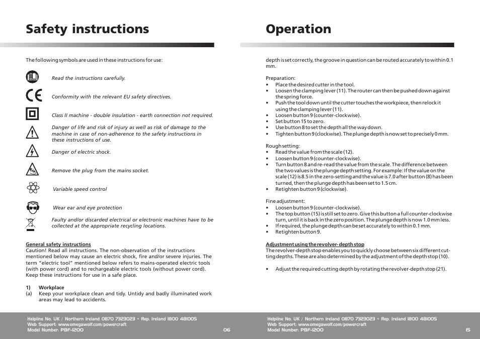 Operation, Safety instructions | Omega Speaker Systems Power Craft 1200W Router User Manual | Page 6 / 10