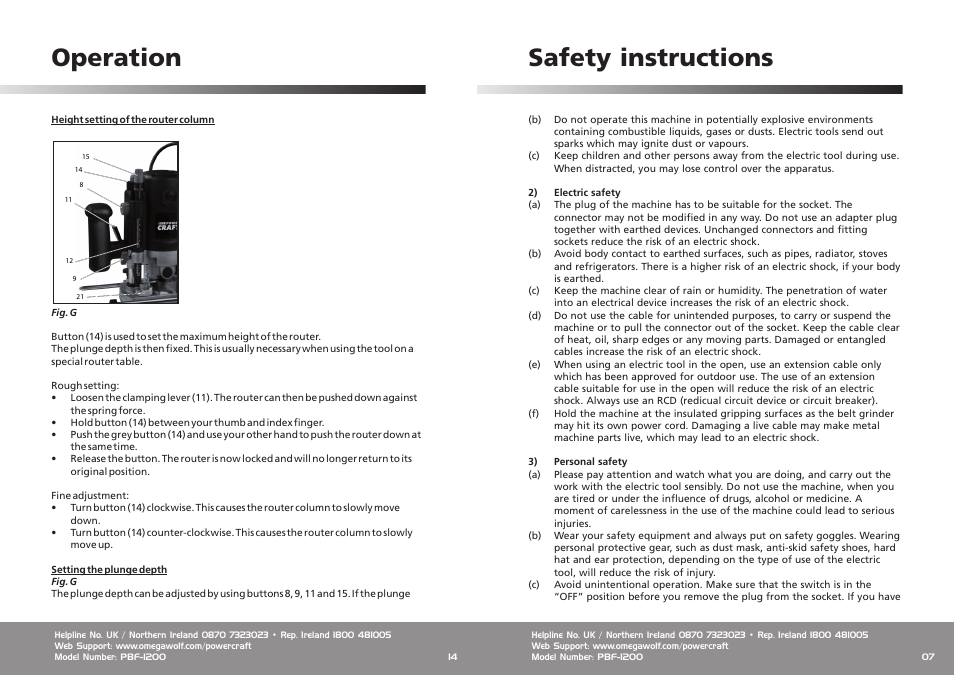 Safety instructions, Operation | Omega Speaker Systems Power Craft 1200W Router User Manual | Page 7 / 10