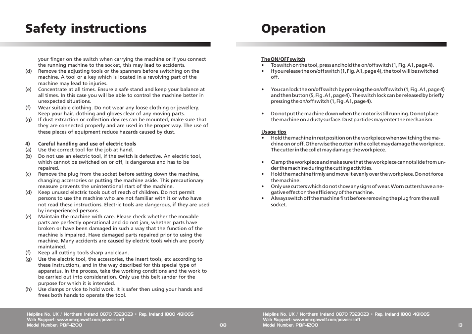 Operation, Safety instructions | Omega Speaker Systems Power Craft 1200W Router User Manual | Page 8 / 10
