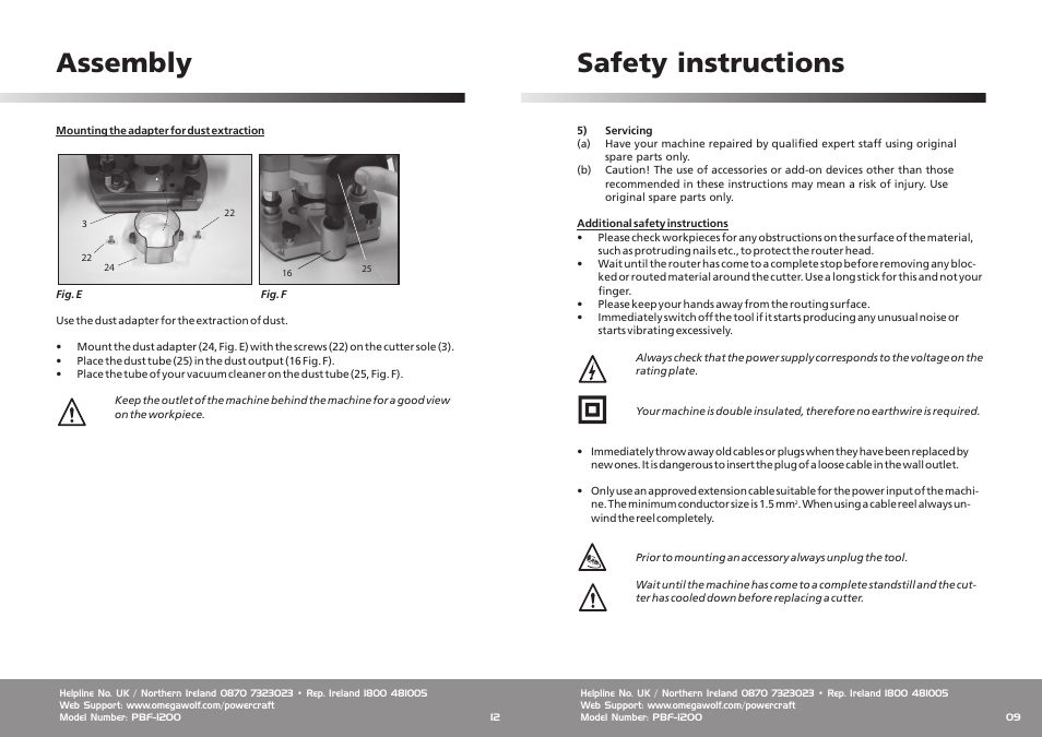 Safety instructions, Assembly | Omega Speaker Systems Power Craft 1200W Router User Manual | Page 9 / 10