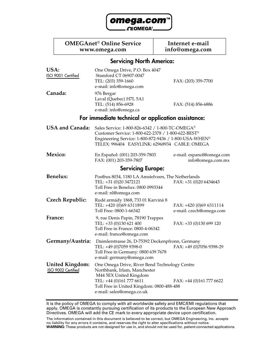 Omeganet, For immediate technical or application assistance, Servicing europe | Omega Speaker Systems PH-2720-PA User Manual | Page 2 / 8