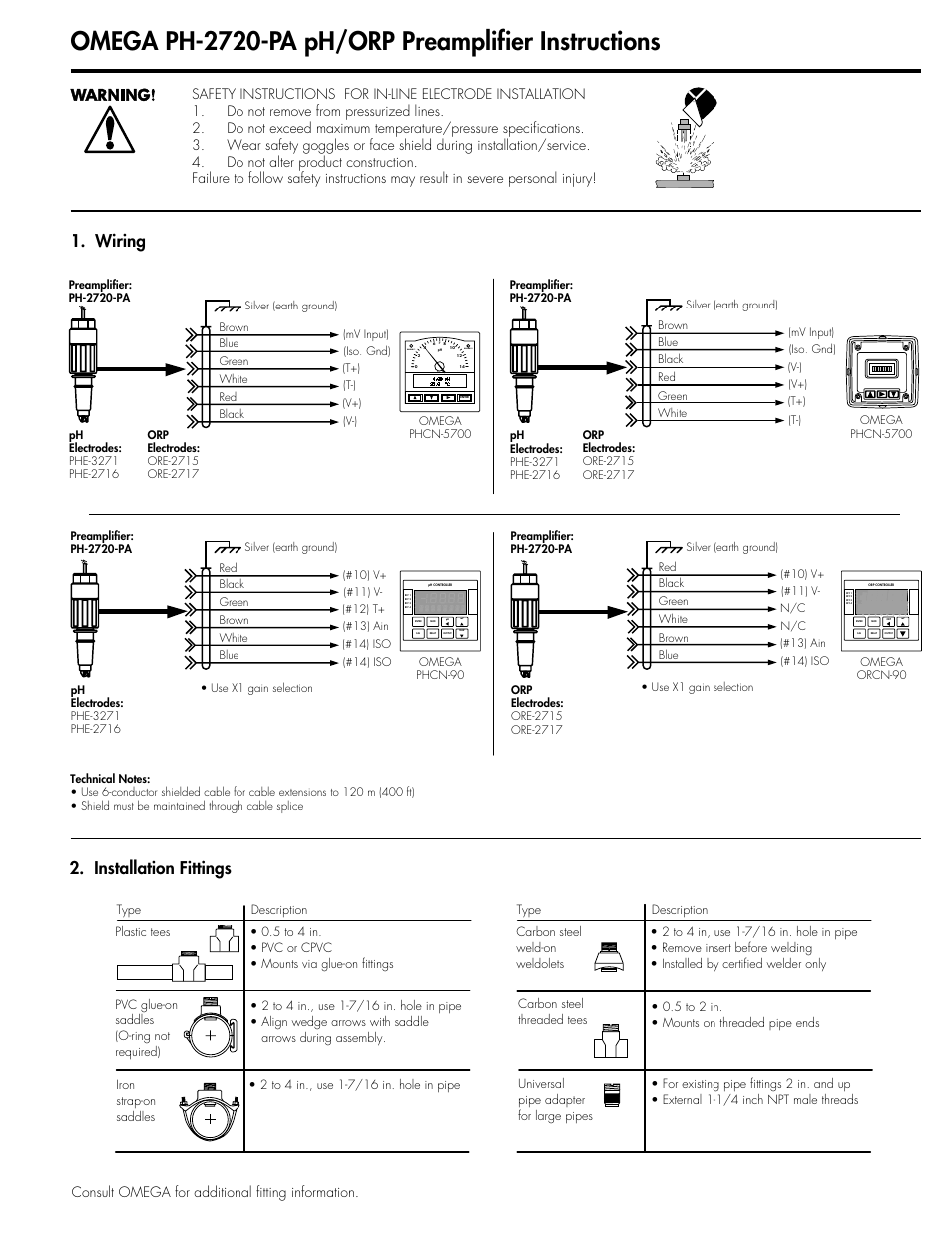 Omega ph-2720-pa ph/orp preamplifier instructions, Wiring, Installation fittings | Consult omega for additional fitting information, Alarm 1 alarm 2 | Omega Speaker Systems PH-2720-PA User Manual | Page 3 / 8