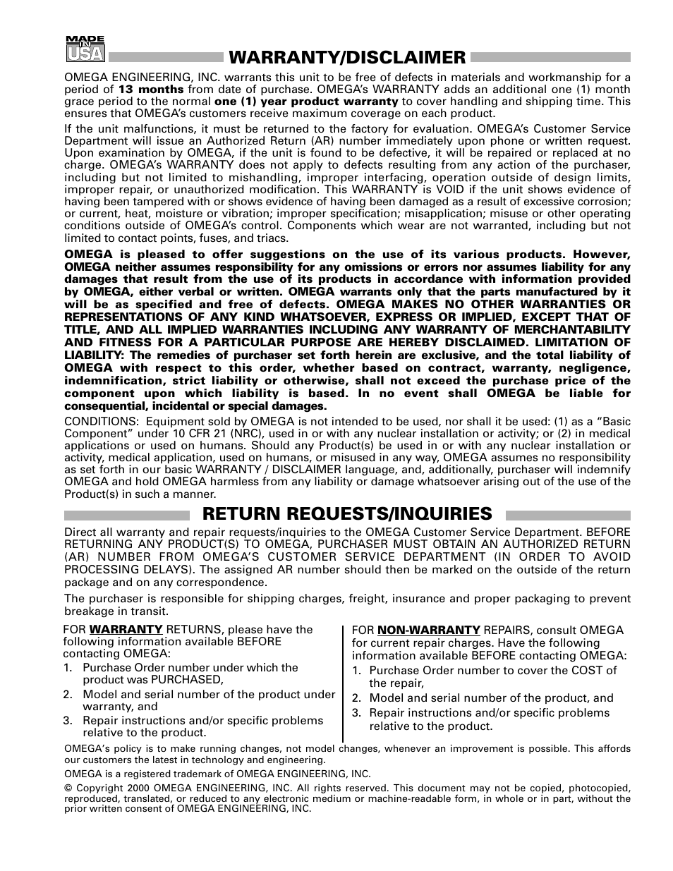 Warranty/disclaimer, Return requests/inquiries | Omega Speaker Systems PH-2720-PA User Manual | Page 7 / 8