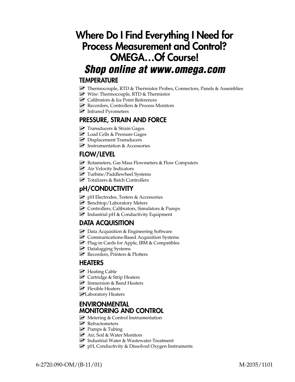 Temperature, Pressure, strain and force, Flow/level | Ph/conductivity, Data acquisition, Heaters, Environmental monitoring and control | Omega Speaker Systems PH-2720-PA User Manual | Page 8 / 8