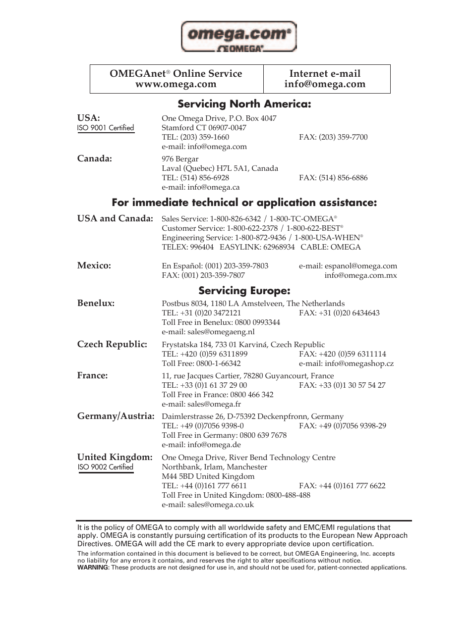 Servicing north america, For immediate technical or application assistance, Servicing europe | Omeganet | Omega Speaker Systems OME-DB-889D User Manual | Page 2 / 27