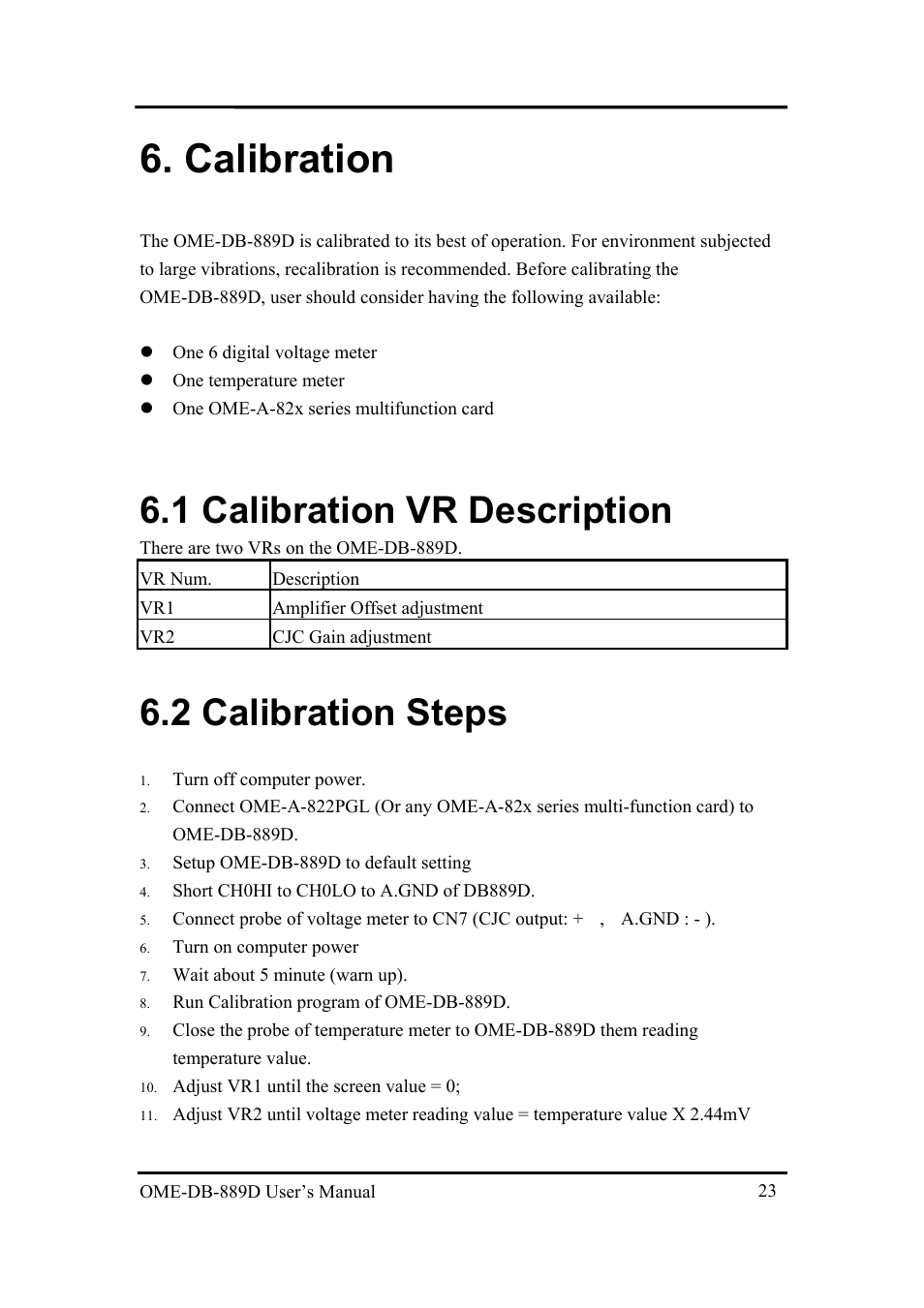 Calibration, 1 calibration vr description, 2 calibration steps | Alibration, Escription, Teps | Omega Speaker Systems OME-DB-889D User Manual | Page 25 / 27