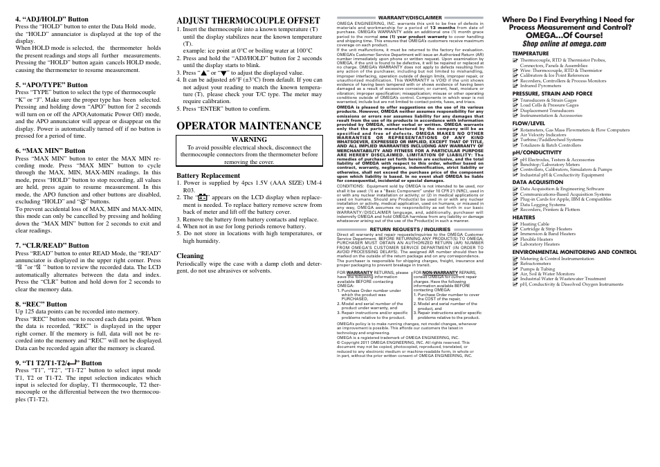 Operator maintenance, Adjust thermocouple offset, “adj/hold” button | “apo/type” button, “max min” button, “clr/read” button, “rec” button, “t1 t2/t1-t2/ ” button, Warning, Battery replacement | Omega Speaker Systems HH801A User Manual | Page 2 / 2