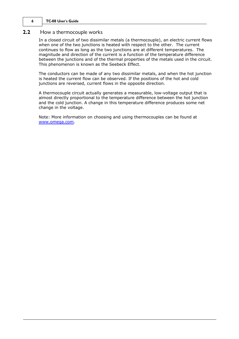 How a thermocouple works, 2 how a thermocouple works | Omega Speaker Systems 8 Channel Thermocouple USB Data Acquisition Module TC-08 User Manual | Page 10 / 54