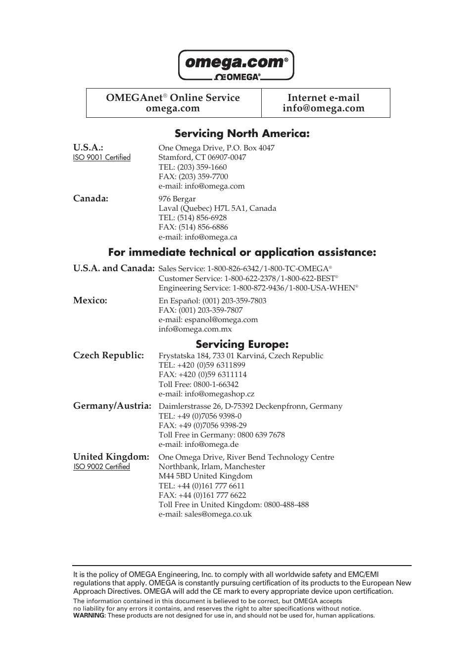 Servicing north america, For immediate technical or application assistance, Servicing europe | Omeganet | Omega Speaker Systems 8 Channel Thermocouple USB Data Acquisition Module TC-08 User Manual | Page 2 / 54