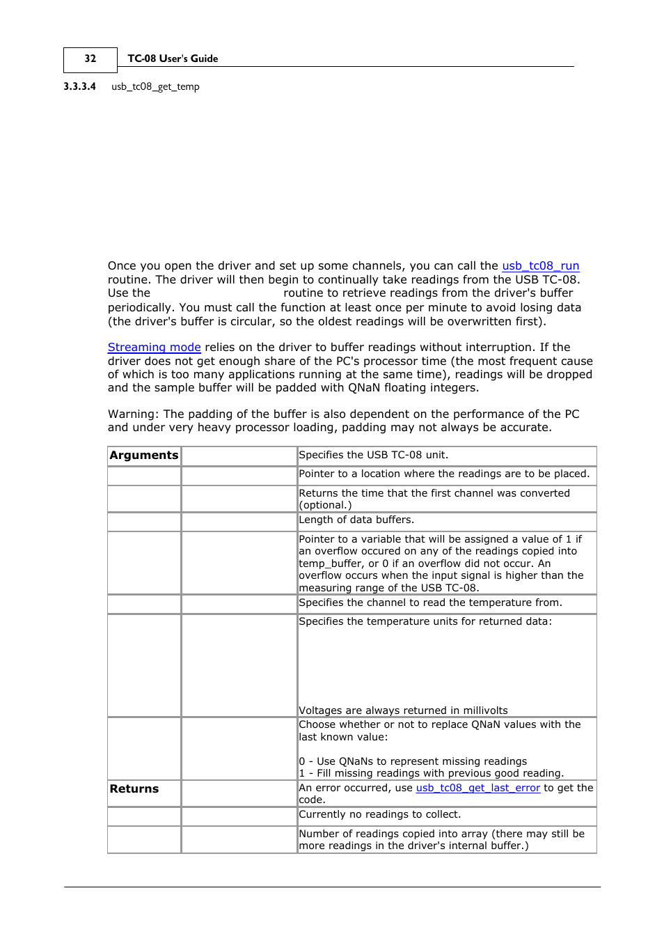 Usb_tc08_get_temp, No_of_readings | Omega Speaker Systems 8 Channel Thermocouple USB Data Acquisition Module TC-08 User Manual | Page 36 / 54