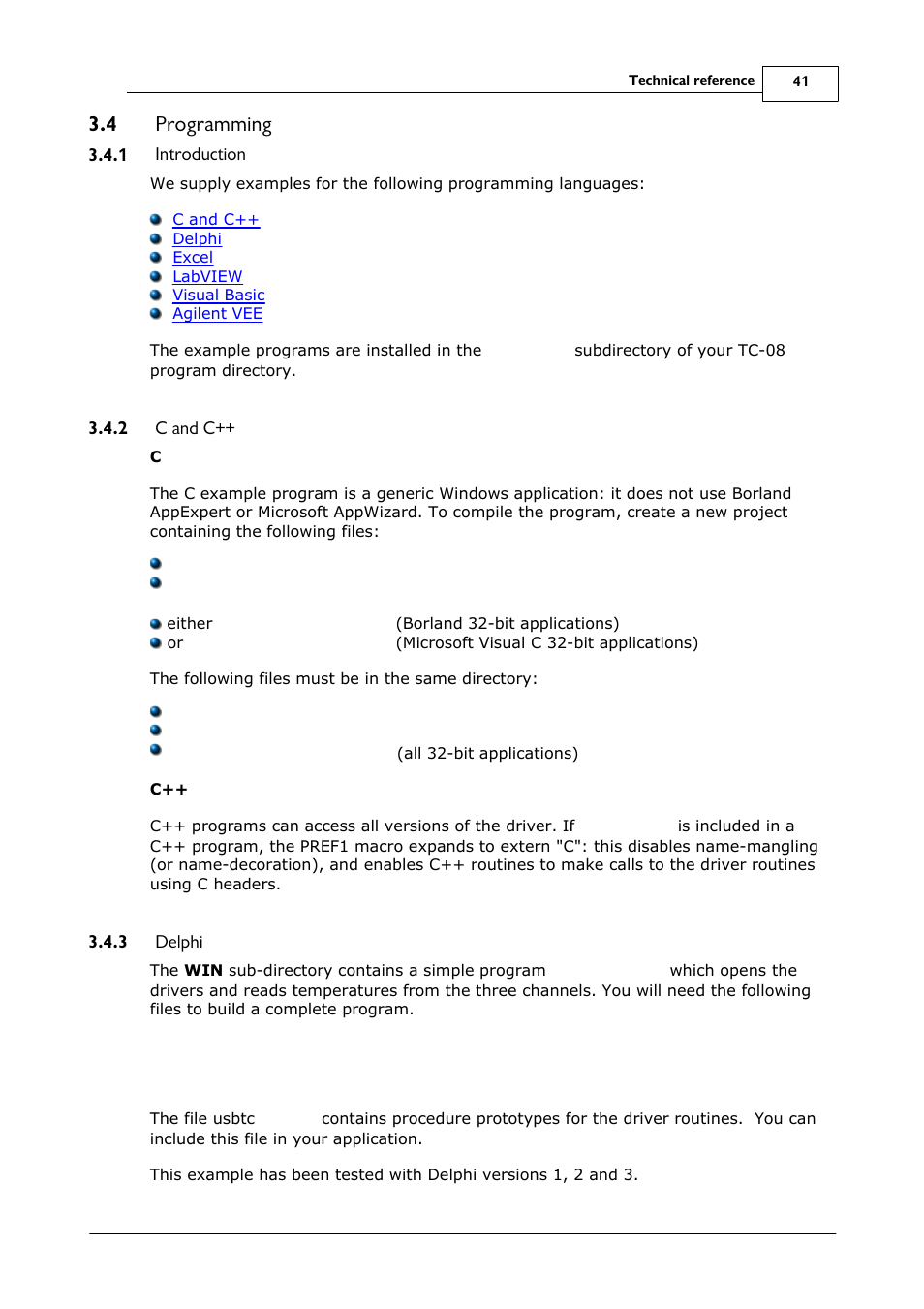 Programming, Introduction, C and c | Delphi, 1 introduction, 2 c and c, 3 delphi, 4 programming | Omega Speaker Systems 8 Channel Thermocouple USB Data Acquisition Module TC-08 User Manual | Page 45 / 54