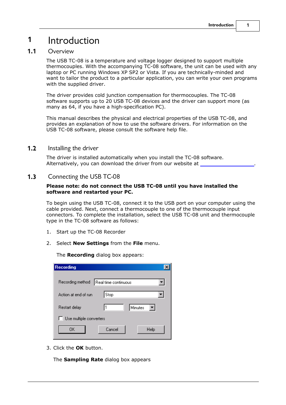 Introduction, Overview, Installing the driver | Connecting the usb tc-08, 1 overview, 2 installing the driver, 3 connecting the usb tc-08 | Omega Speaker Systems 8 Channel Thermocouple USB Data Acquisition Module TC-08 User Manual | Page 5 / 54