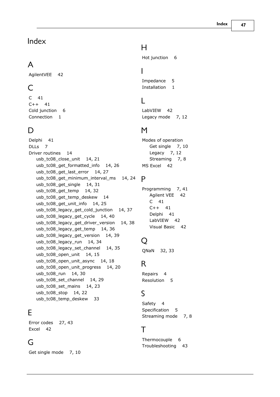 Index a | Omega Speaker Systems 8 Channel Thermocouple USB Data Acquisition Module TC-08 User Manual | Page 51 / 54