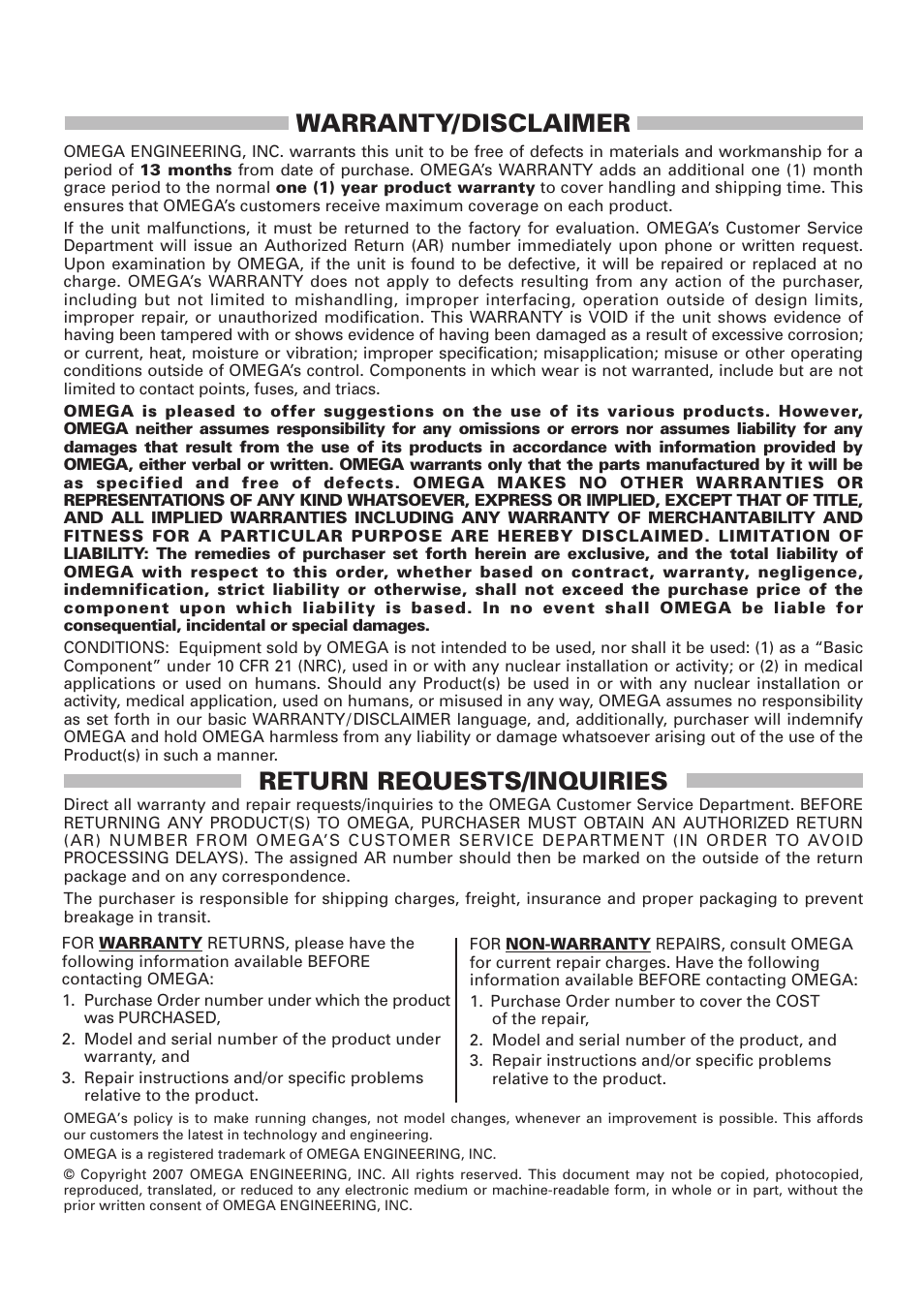 Warranty/disclaimer, Return requests/inquiries | Omega Speaker Systems 8 Channel Thermocouple USB Data Acquisition Module TC-08 User Manual | Page 53 / 54