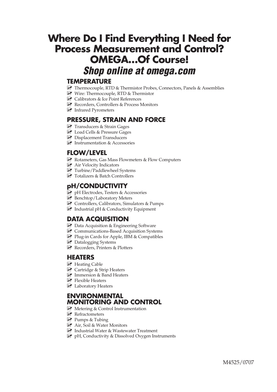 Temperature, Pressure, strain and force, Flow/level | Ph/conductivity, Data acquisition, Heaters, Environmental monitoring and control | Omega Speaker Systems 8 Channel Thermocouple USB Data Acquisition Module TC-08 User Manual | Page 54 / 54