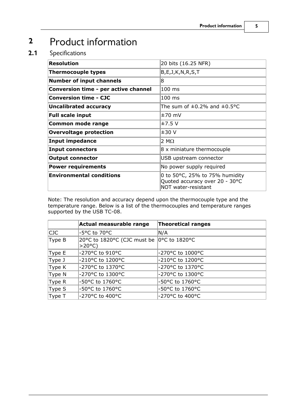 Product information, Specifications, 1 specifications | Omega Speaker Systems 8 Channel Thermocouple USB Data Acquisition Module TC-08 User Manual | Page 9 / 54