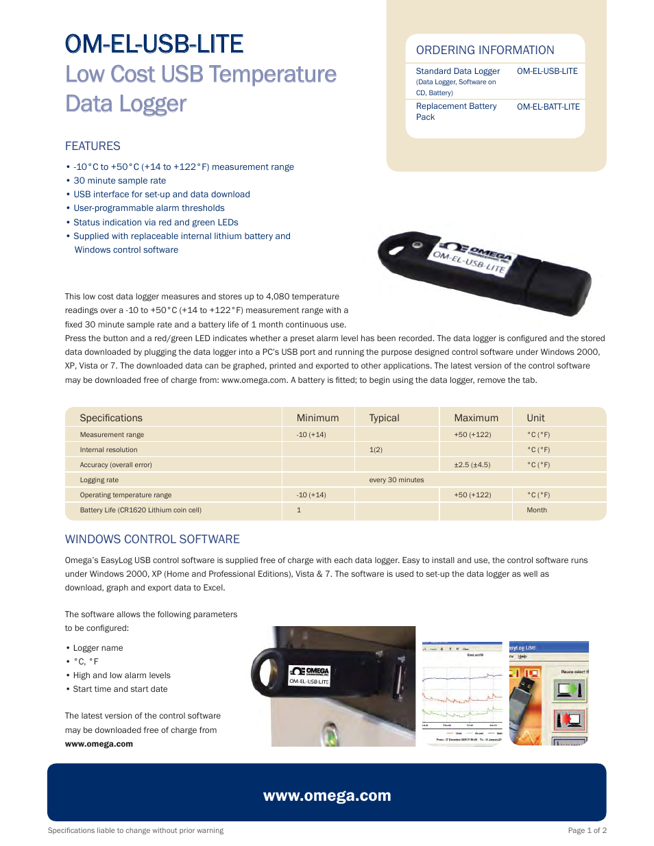 Om-el-usb-lite, Features, Ordering information | Windows control software | Omega Speaker Systems OM-EL-USB-LITE User Manual | Page 3 / 6
