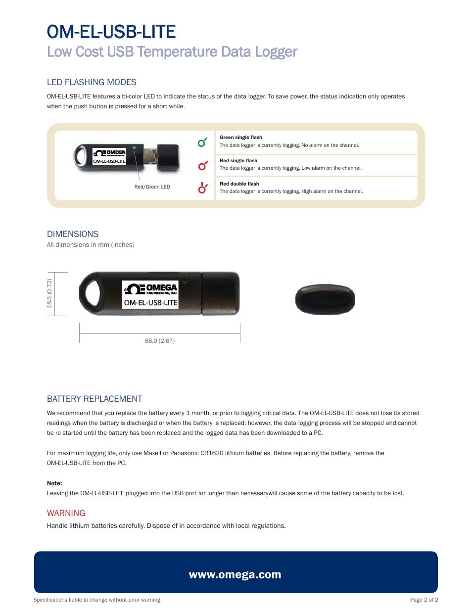 Om-el-usb-lite, Low cost usb temperature data logger | Omega Speaker Systems OM-EL-USB-LITE User Manual | Page 4 / 6