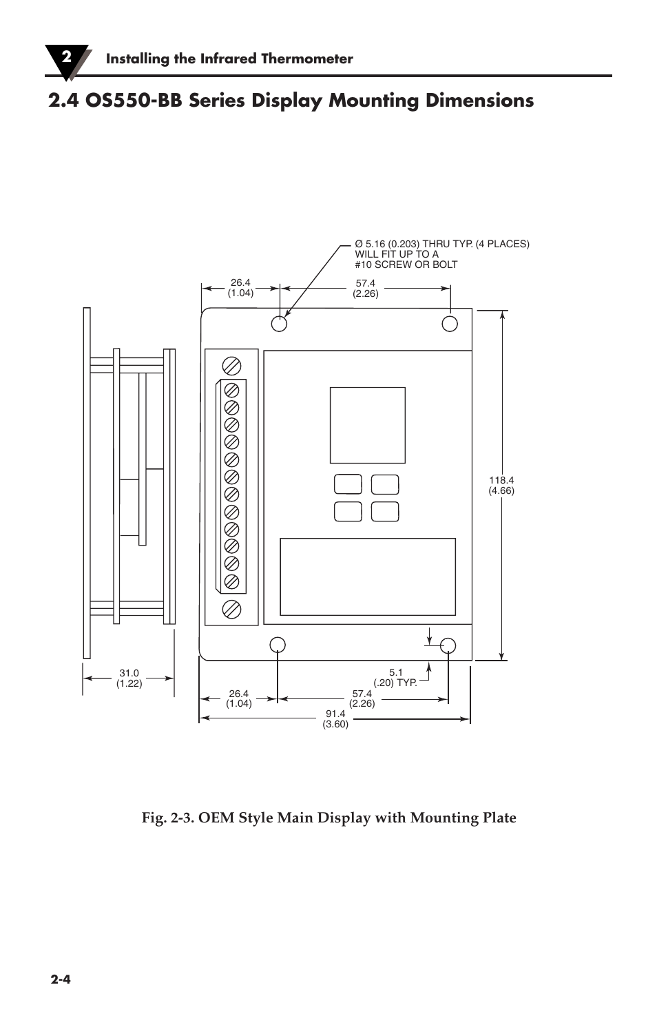 4 os550-bb series display mounting dimensions, Installing the infrared thermometer | Omega Speaker Systems OS550 Series User Manual | Page 14 / 77