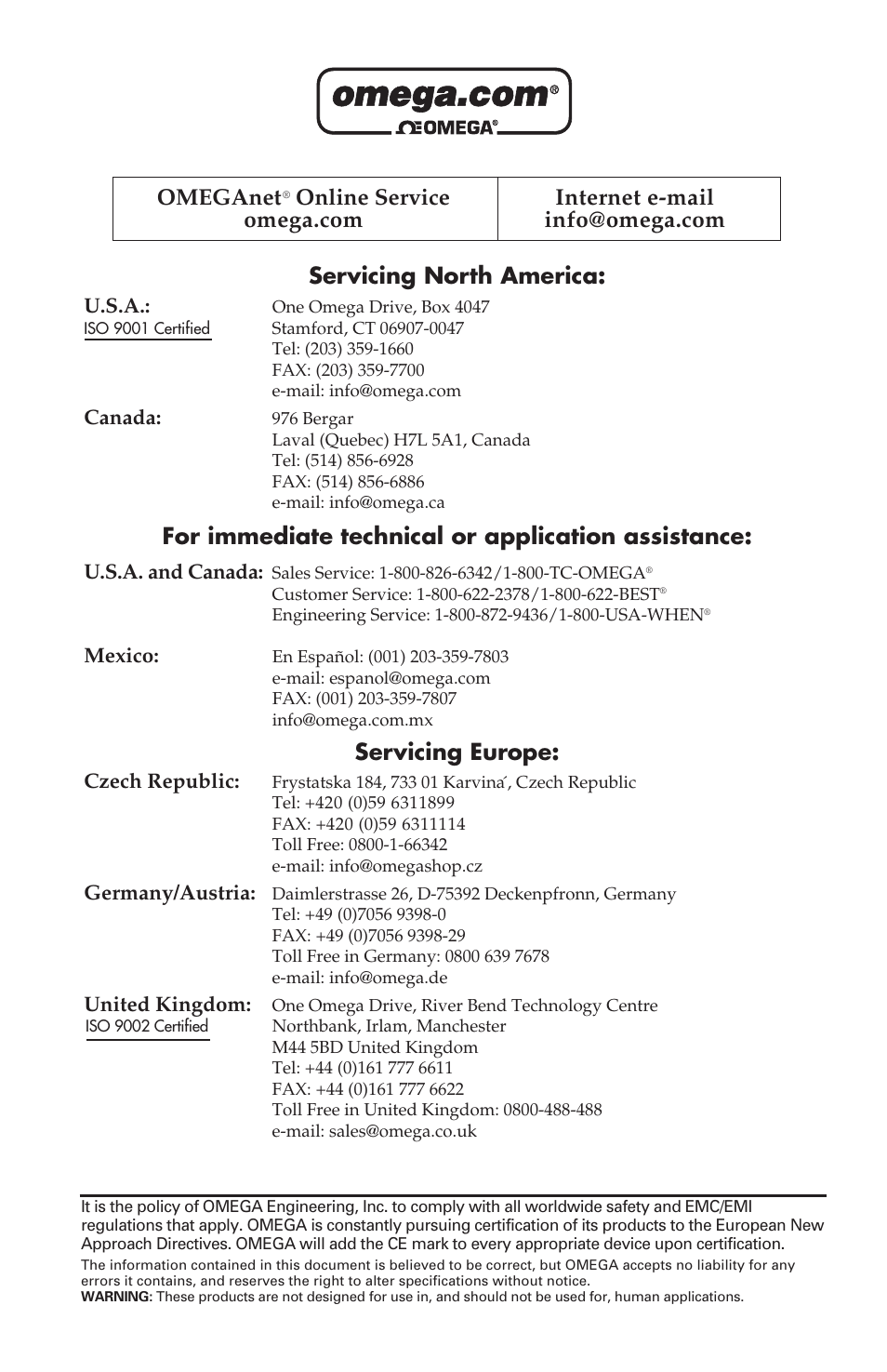 Servicing north america, For immediate technical or application assistance, Servicing europe | Omeganet | Omega Speaker Systems OS550 Series User Manual | Page 2 / 77