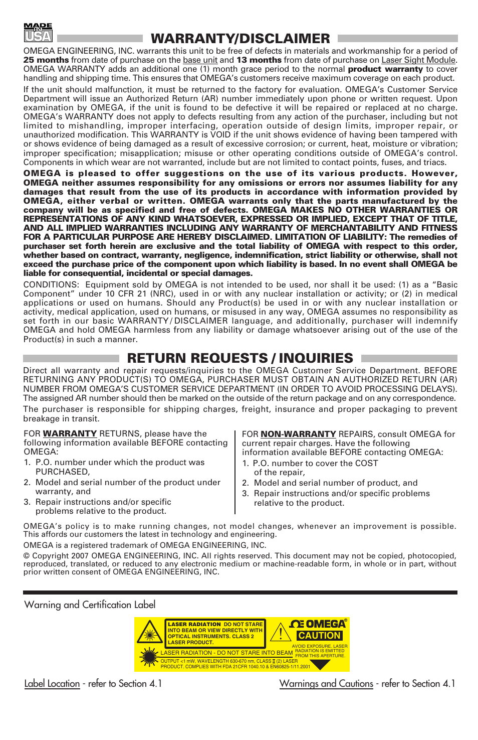 Warranty/disclaimer, Return requests / inquiries | Omega Speaker Systems OS550 Series User Manual | Page 76 / 77