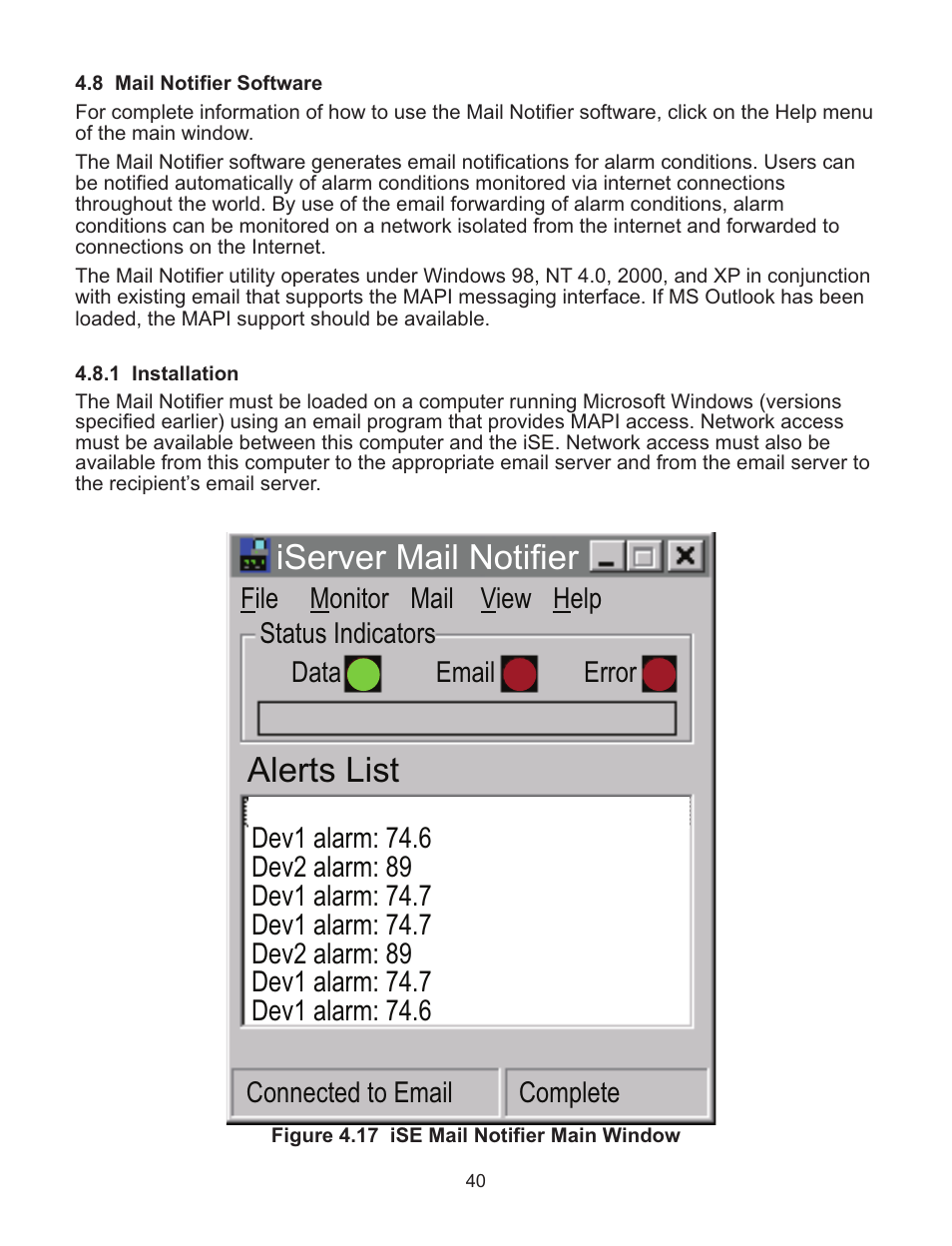 Iserver mail notifier, Alerts list | Omega Speaker Systems Dual Thermocouple Over the Internet iSE-TC User Manual | Page 44 / 60