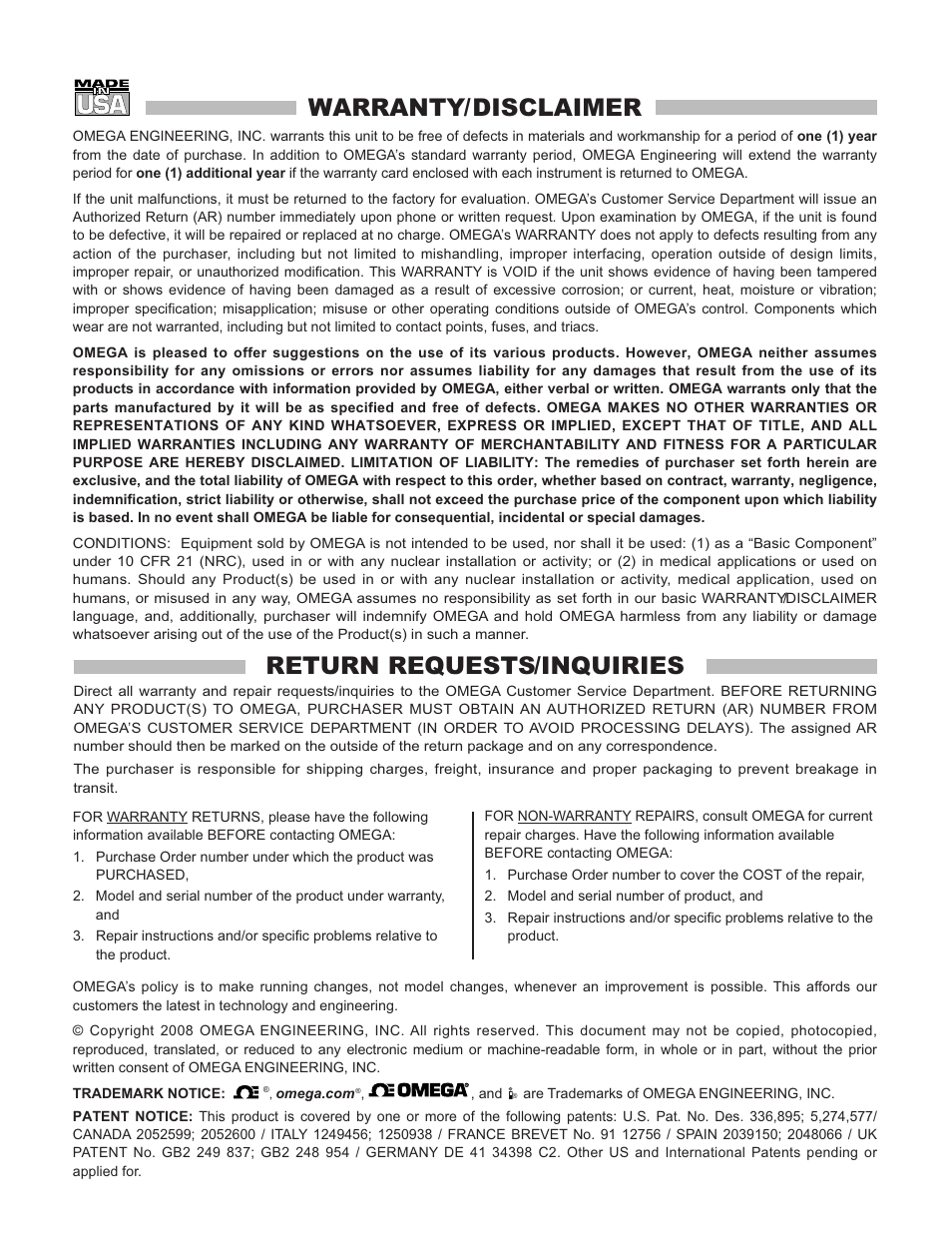 Warranty/disclaimer, Return requests/inquiries | Omega Speaker Systems Dual Thermocouple Over the Internet iSE-TC User Manual | Page 59 / 60