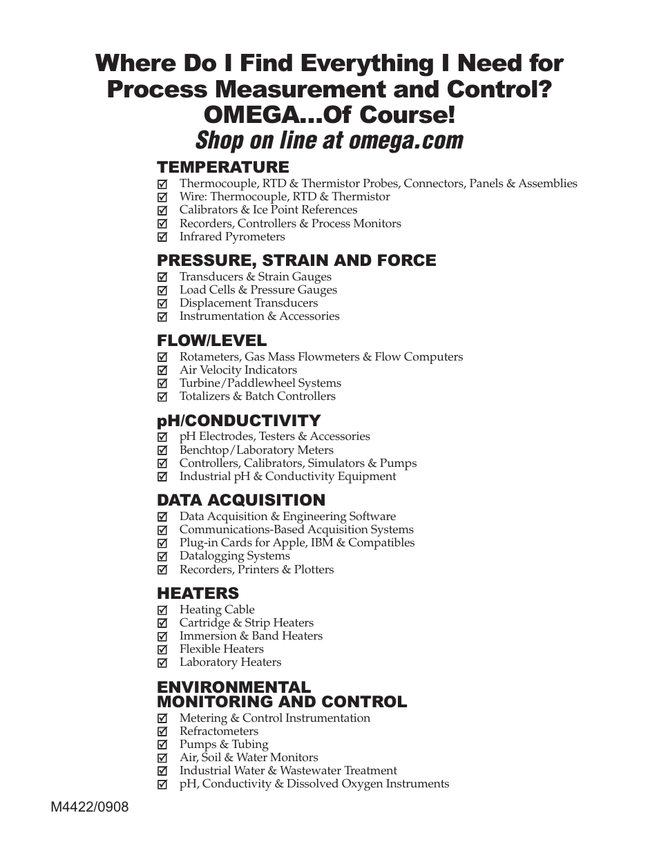 Temperature, Pressure, strain and force, Flow/level | Ph/conductivity, Data acquisition, Heaters, Environmental monitoring and control | Omega Speaker Systems Dual Thermocouple Over the Internet iSE-TC User Manual | Page 60 / 60