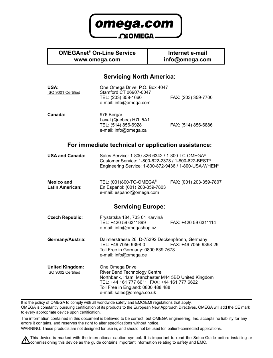 Servicing north america, For immediate technical or application assistance, Servicing europe | Omeganet | Omega Speaker Systems iLD Series User Manual | Page 2 / 49