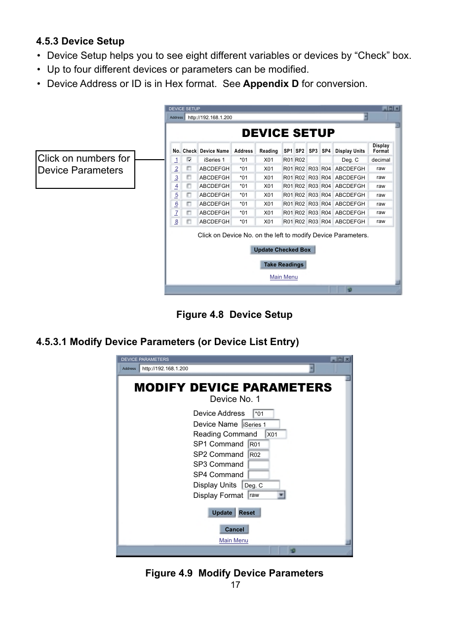 Modify device parameters, Device setup, Click on numbers for device parameters | Device no. 1, Device address, Sp1 command, Sp2 command, Sp3 command sp4 command display units, Display format, Device name | Omega Speaker Systems iLD Series User Manual | Page 21 / 49