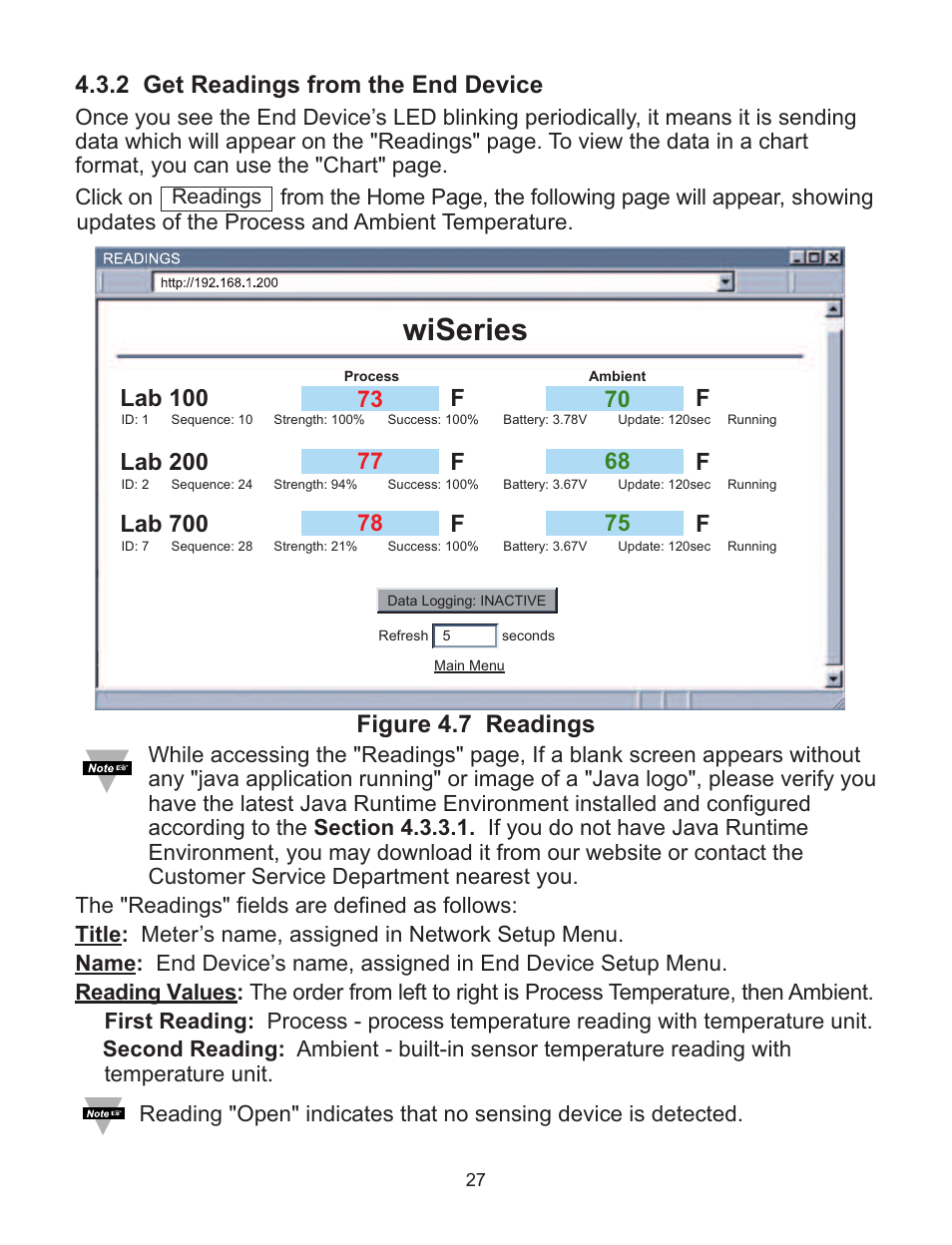 Wiseries, 2 get readings from the end device, Figure 4.7 readings | Omega WI8XX-U User Manual | Page 33 / 92