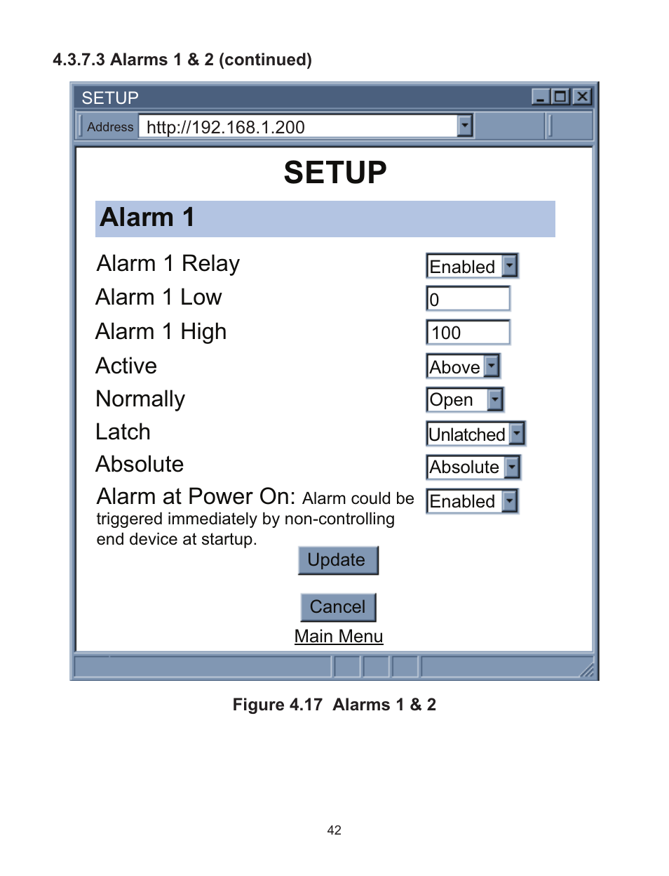Setup, Alarm 1, Normally alarm at power on | Absolute active alarm 1 relay alarm 1 low, Alarm 1 high, Latch | Omega WI8XX-U User Manual | Page 48 / 92