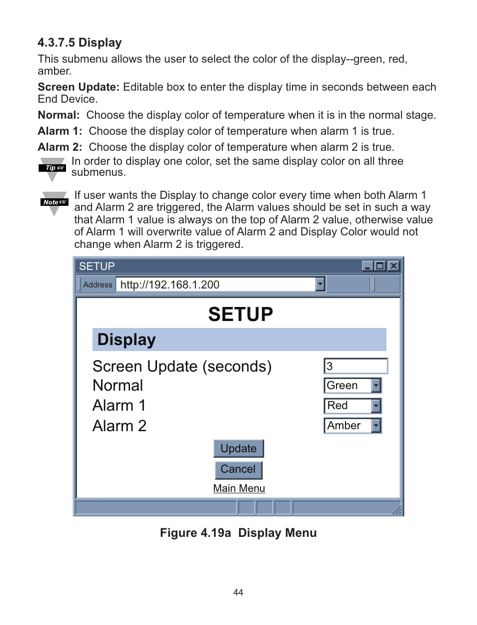 Setup, Display, Screen update (seconds) | Normal, Alarm 1, Alarm 2 | Omega WI8XX-U User Manual | Page 50 / 92