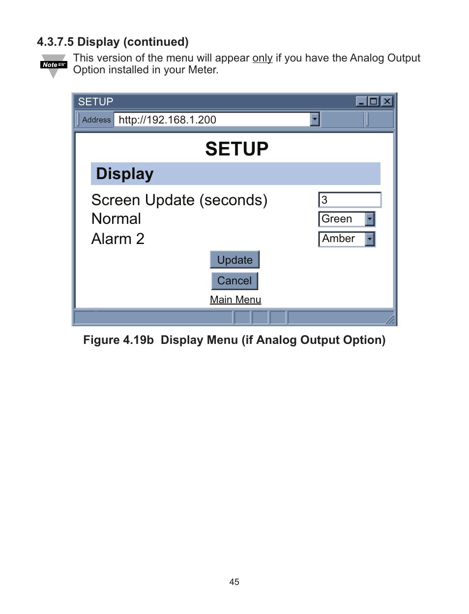 Setup, Display, Screen update (seconds) | Normal, Alarm 2 | Omega WI8XX-U User Manual | Page 51 / 92