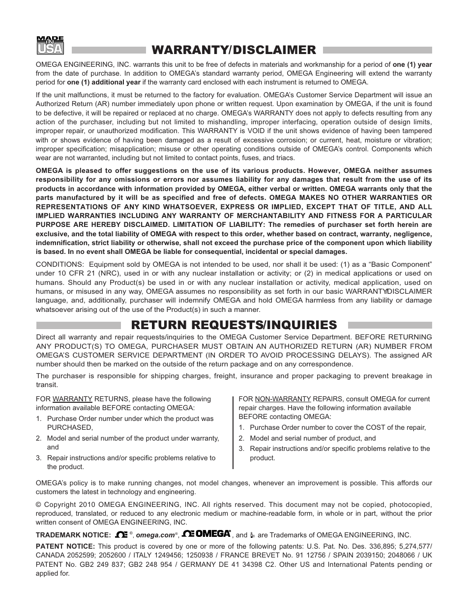Warranty/disclaimer, Return requests/inquiries | Omega WI8XX-U User Manual | Page 91 / 92
