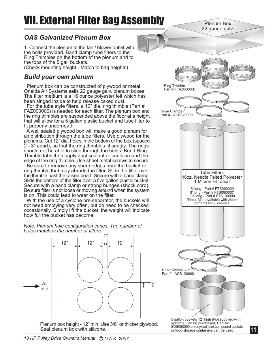 Vii. external filter bag assembly, Build your own plenum, Oas galvanized plenum box | Oneida Air Systems 10 HP User Manual | Page 12 / 24