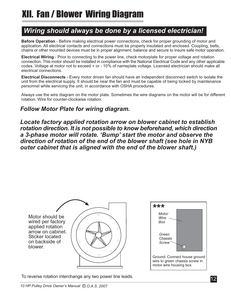 Xii. fan / blower wiring diagram, Follow motor plate for wiring diagram | Oneida Air Systems 10 HP User Manual | Page 13 / 24