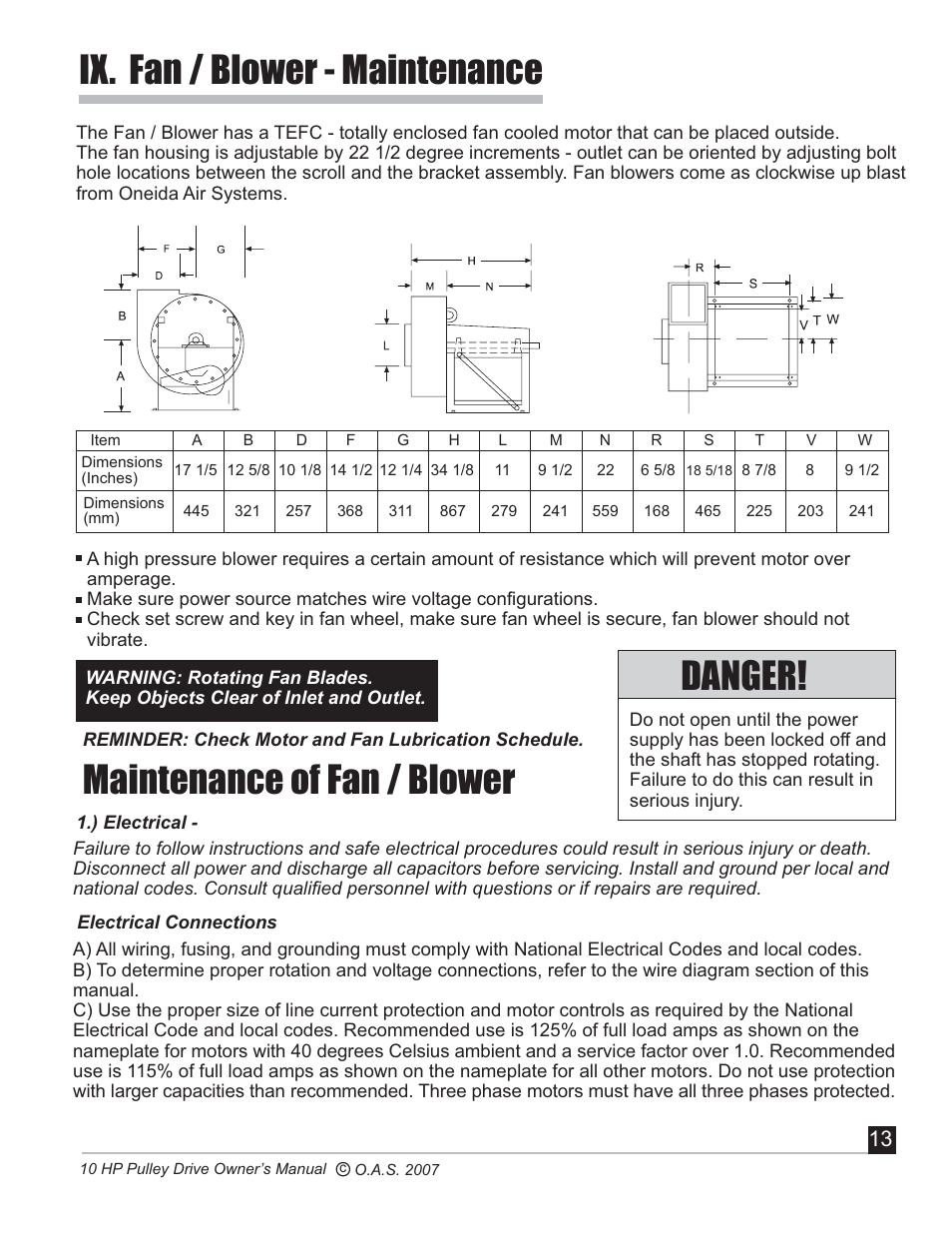 Ix. fan / blower - maintenance, Maintenance of fan / blower, Danger | Oneida Air Systems 10 HP User Manual | Page 14 / 24