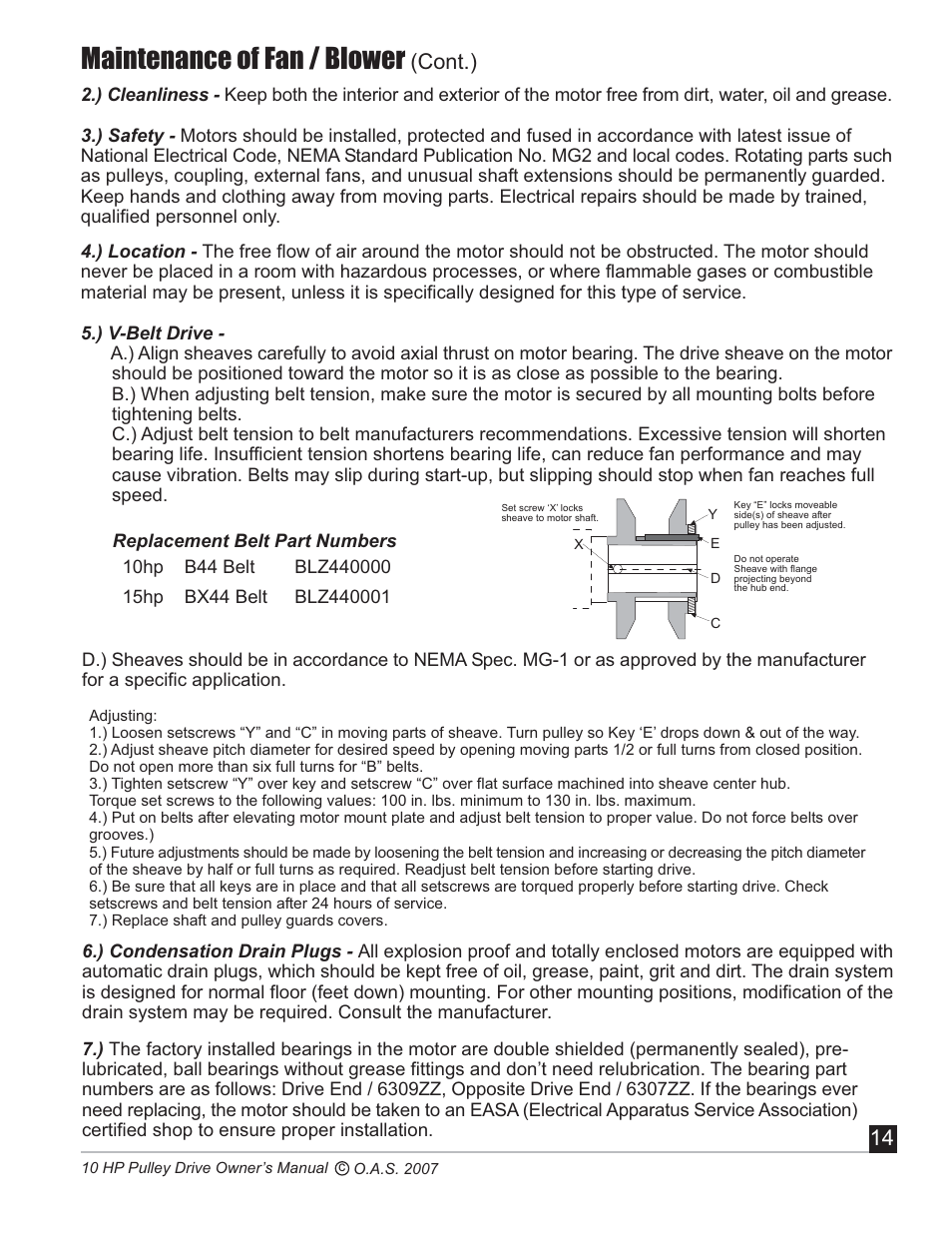 Maintenance of fan / blower, Cont.) | Oneida Air Systems 10 HP User Manual | Page 15 / 24
