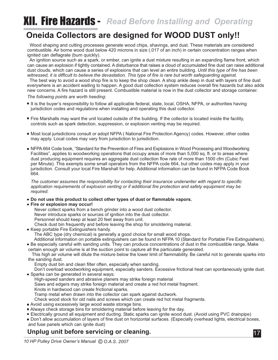 Xii. fire hazards, Read before installing and operating, Oneida collectors are designed for wood dust only | Unplug unit before servicing or cleaning | Oneida Air Systems 10 HP User Manual | Page 18 / 24