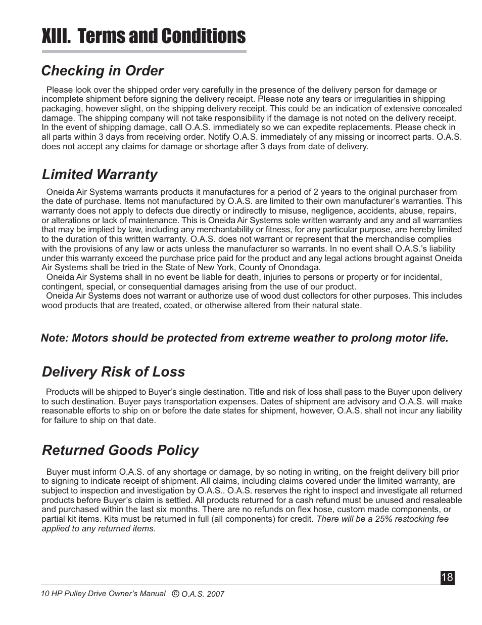 Xiii. terms and conditions, Checking in order, Limited warranty | Delivery risk of loss, Returned goods policy | Oneida Air Systems 10 HP User Manual | Page 19 / 24