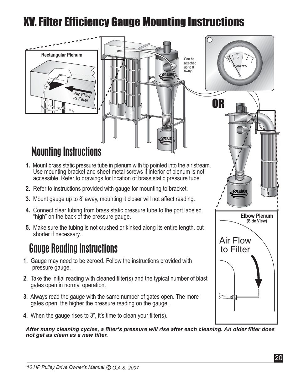 Xv. filter efficiency gauge mounting instructions, Mounting instructions, Gauge reading instructions | Air flow to filter | Oneida Air Systems 10 HP User Manual | Page 21 / 24