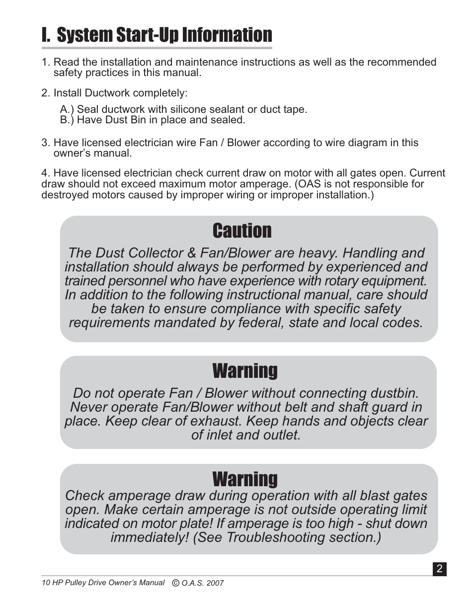 I. system start-up information, Caution, Warning | Oneida Air Systems 10 HP User Manual | Page 3 / 24