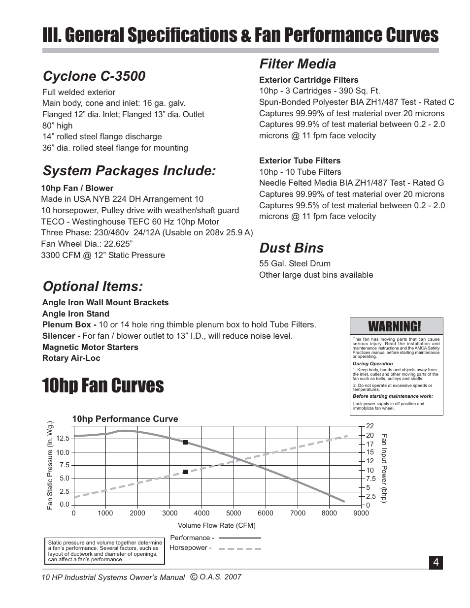 10hp fan curves, Cyclone c-3500, System packages include | Optional items, Filter media, Dust bins, Warning | Oneida Air Systems 10 HP User Manual | Page 5 / 24