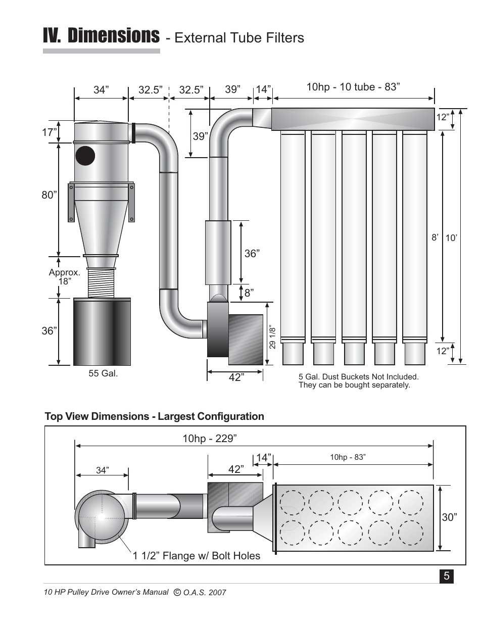 Iv. dimensions, External tube filters | Oneida Air Systems 10 HP User Manual | Page 6 / 24