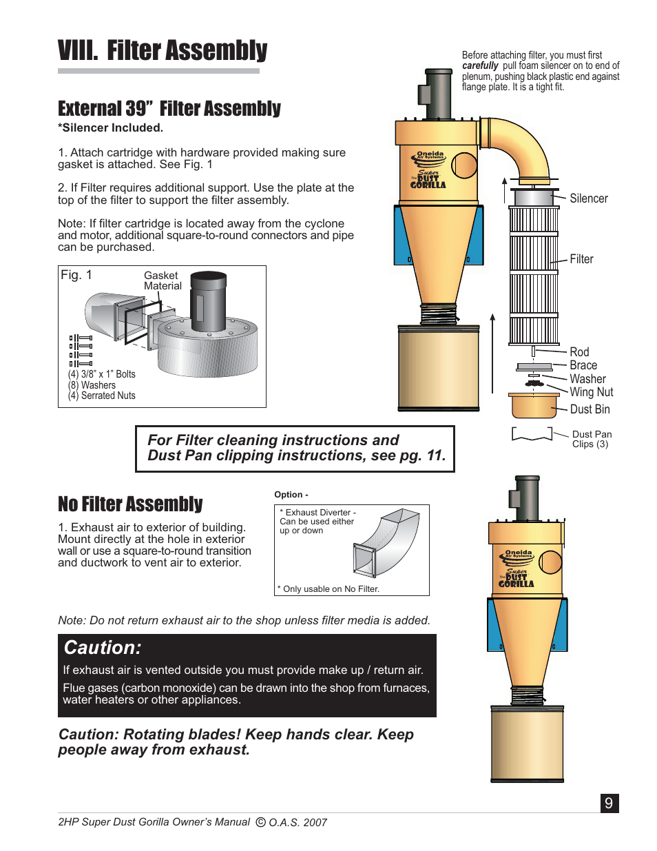 Viii. filter assembly, External 39 filter assembly, Caution | No filter assembly | Oneida Air Systems Super Dust Gorilla User Manual | Page 10 / 21